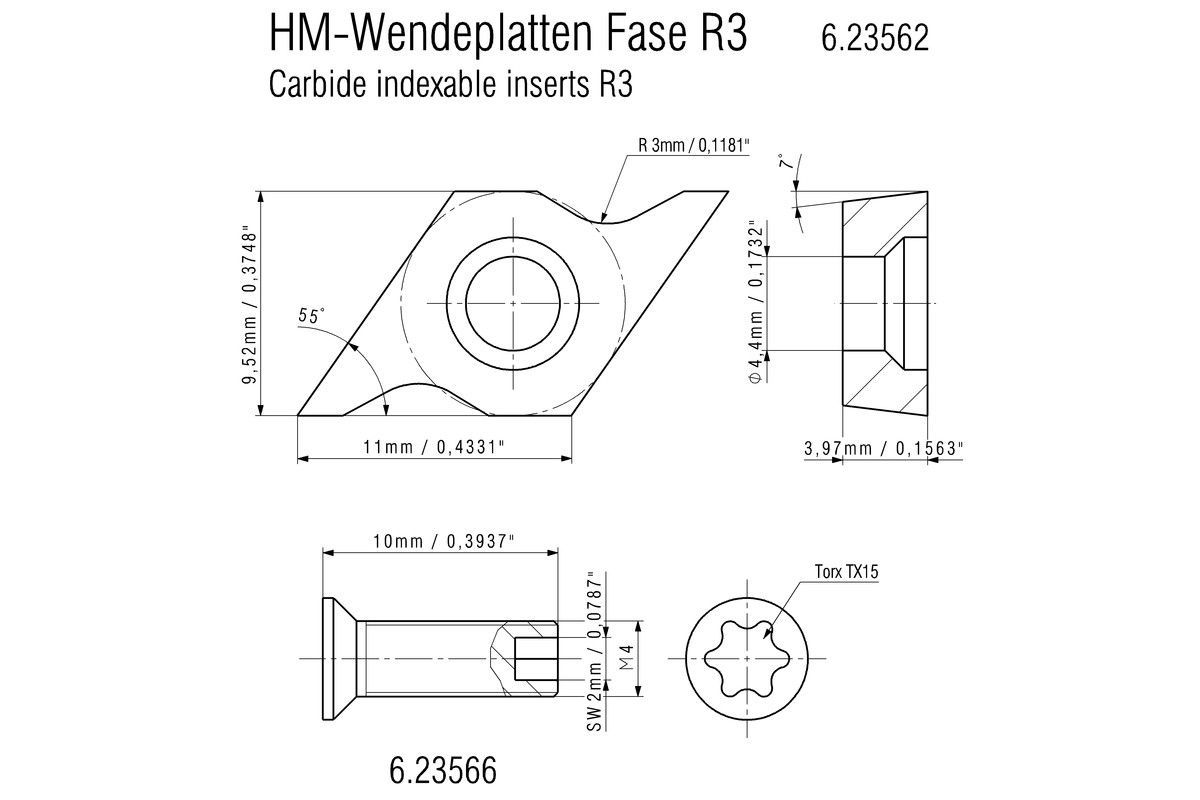 Твердосплавний поворотний ніж Metabo для радіусу R3, 10 шт (623562000)